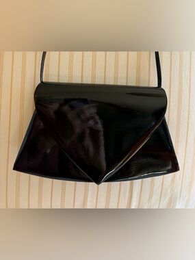 Art Deco Inspired Black Patent-Leather-Like Shoulder Bag or Clutch - Unbranded